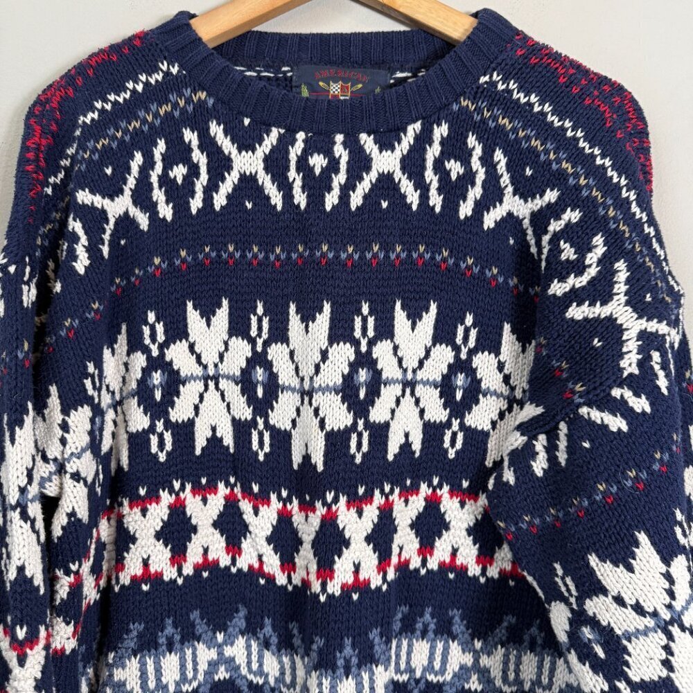 Vintage Eclectic Grandpa Fair Isle Snowflake Sweater Pullover Men's Large Blue - Picture 5 of 11